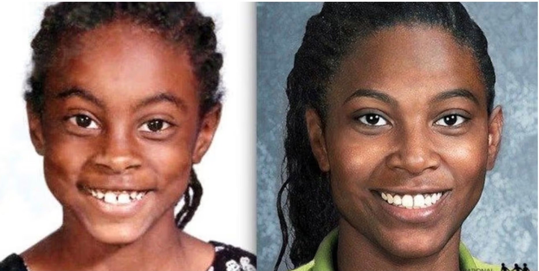 A photo rendering of Asha Degree’s age progression created by the Federal Bureau of Investigation (right). The nine-year-old disappeared on Valentine’s Day 24 years ago